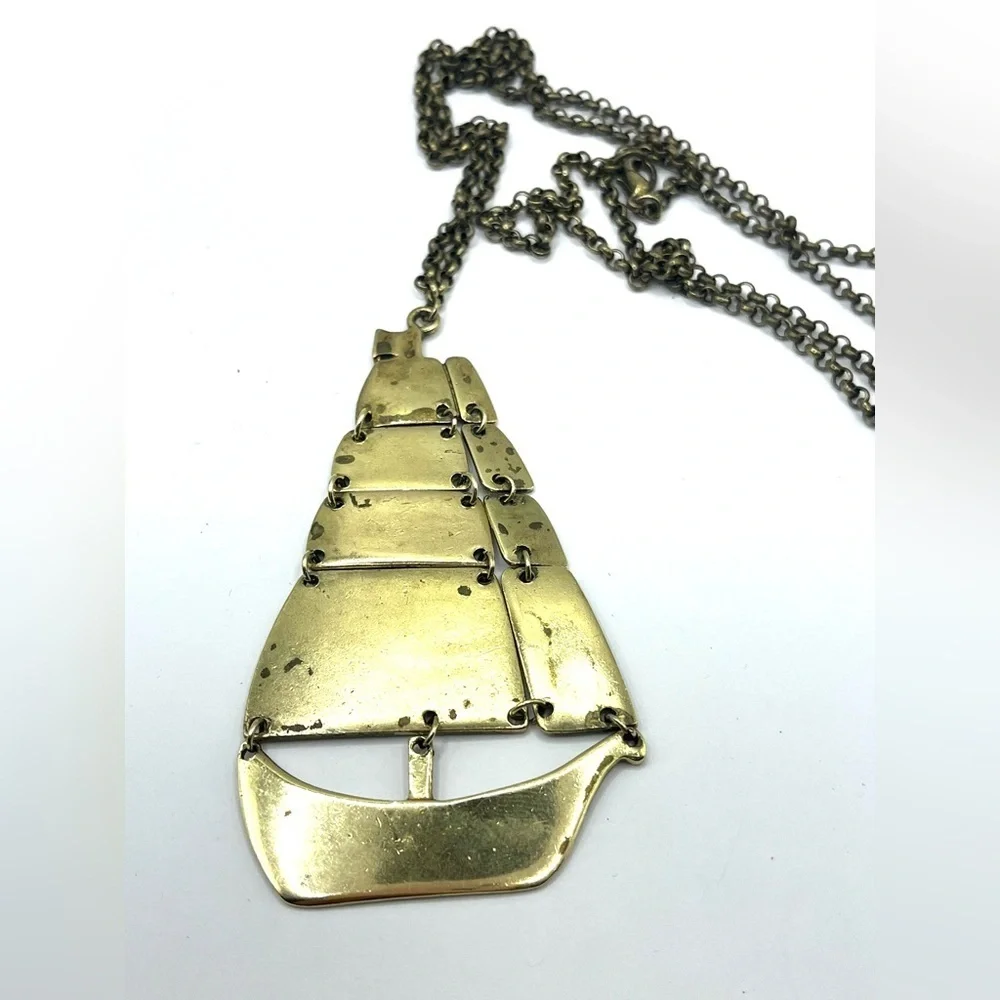 Nautical Ship Boat Brass Pendant  Necklace Oversized Articulated Ship - Picture 11 of 15